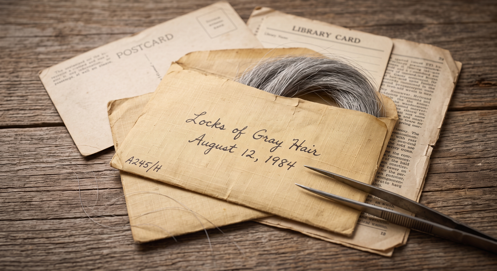 An old envelope dated by hand with a lock of hair inside, illustrating that stored hair stays usable for decades