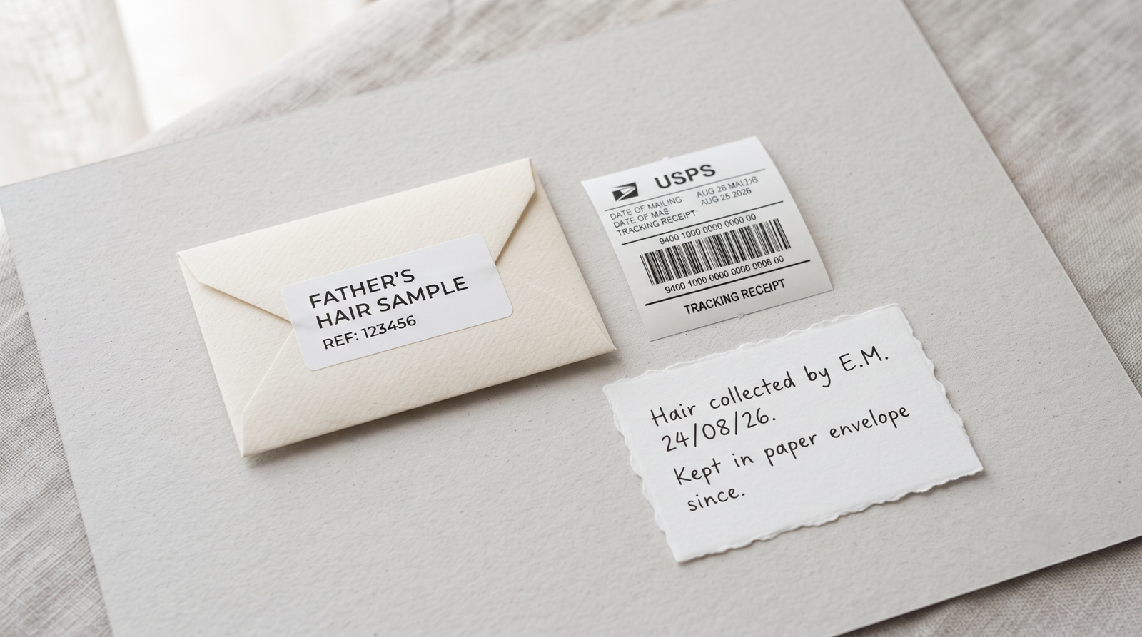 Handwritten dated note beside a labelled paper envelope and a tracking receipt