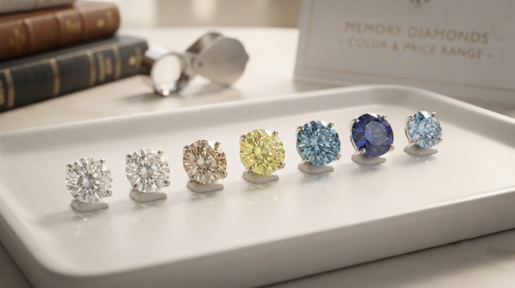 Several memorial diamonds in yellow, blue, champagne and colorless tones arranged in a row