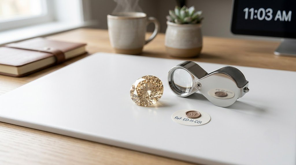A loose lab-grown memorial diamond on a white surface beside a jeweler's loupe