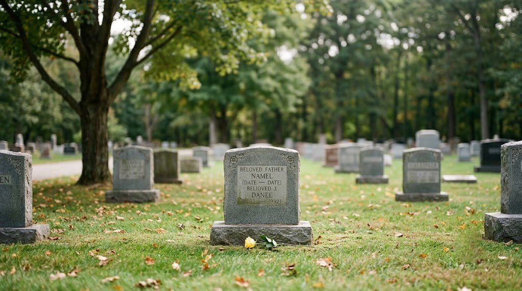 A single flower laid at a grave headstone, photographed from a distance in soft daylight