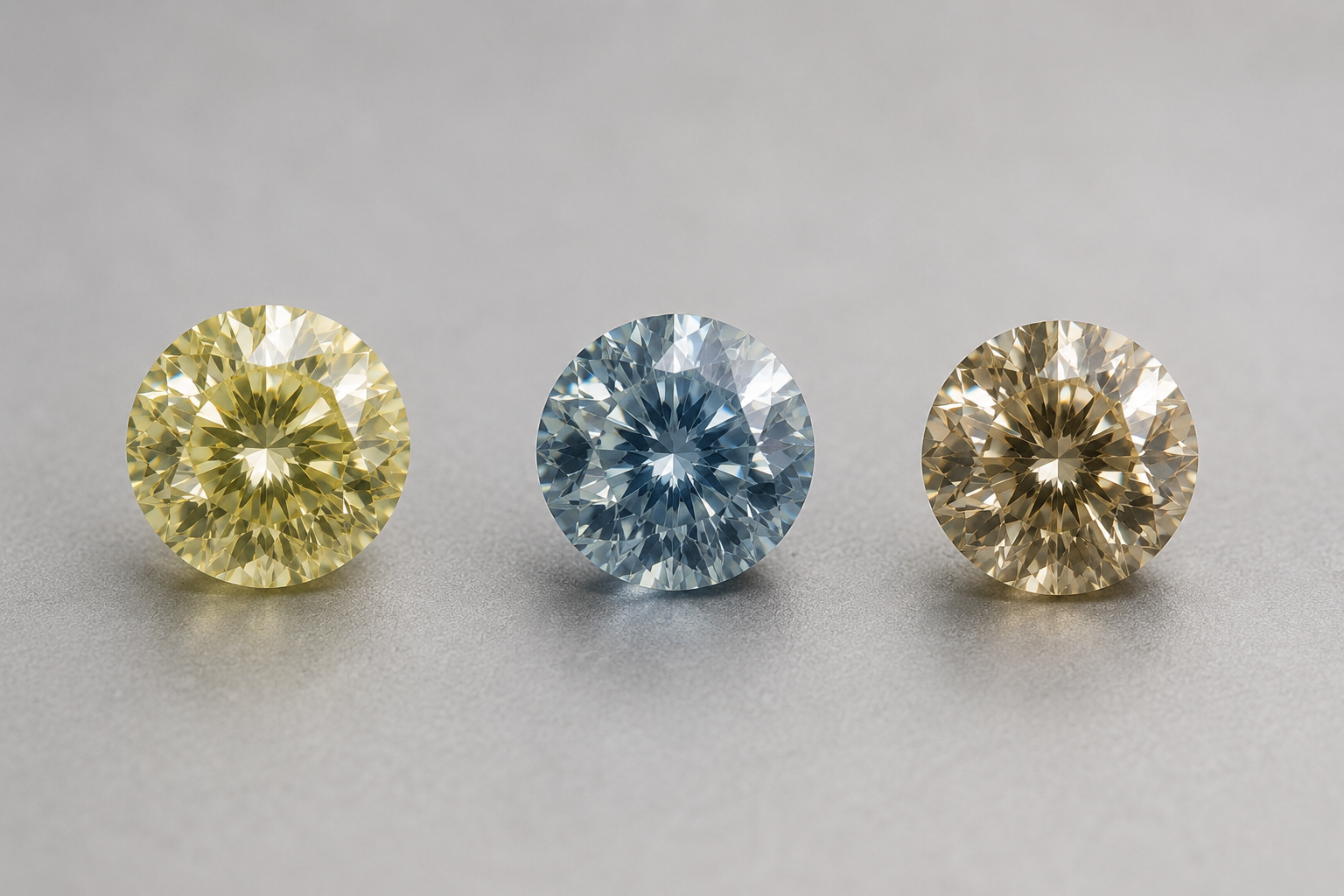 Three loose memorial diamonds grown from hair in yellow, blue, and champagne tones side by side