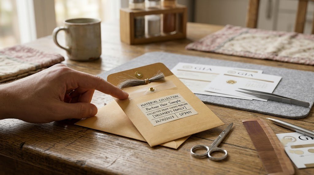 A small lock of hair being sealed into a labeled envelope on a kitchen table Stock acceptable