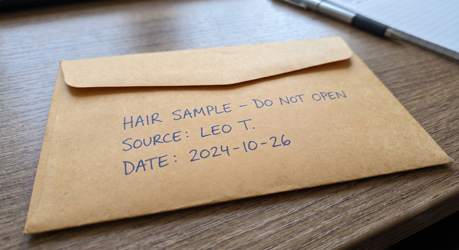 Close-up of a sealed envelope with a handwritten name, date and source line 
