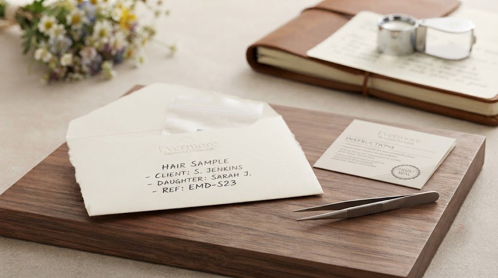 A hair collection kit with a paper envelope, sealable bag and handwritten label laid out on a table