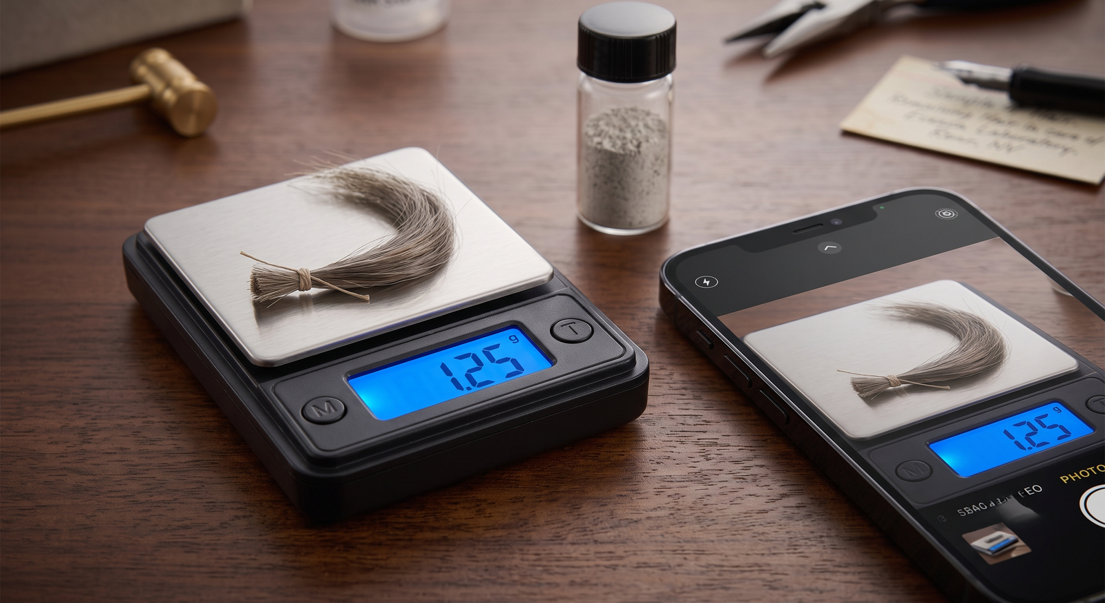A lock of hair on a pocket scale photographed with the reading in frame, ready to send to a provider for pre-assessment
