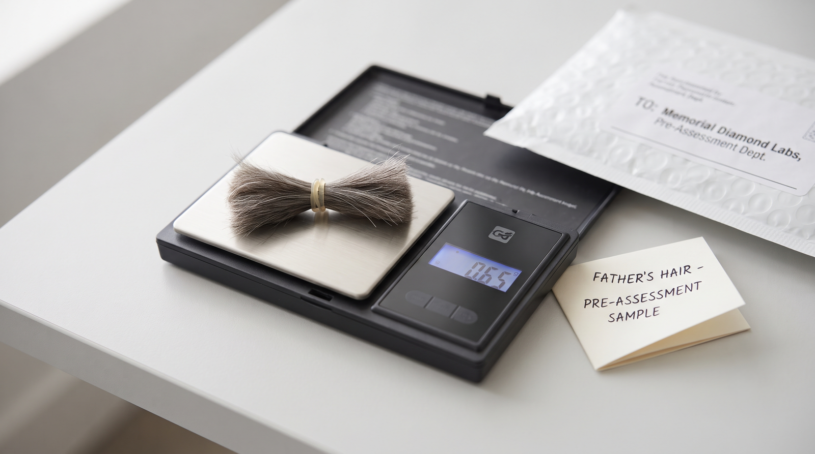 A lock of hair on a pocket scale photographed with the reading in frame, ready to send to a provider for pre-assessment