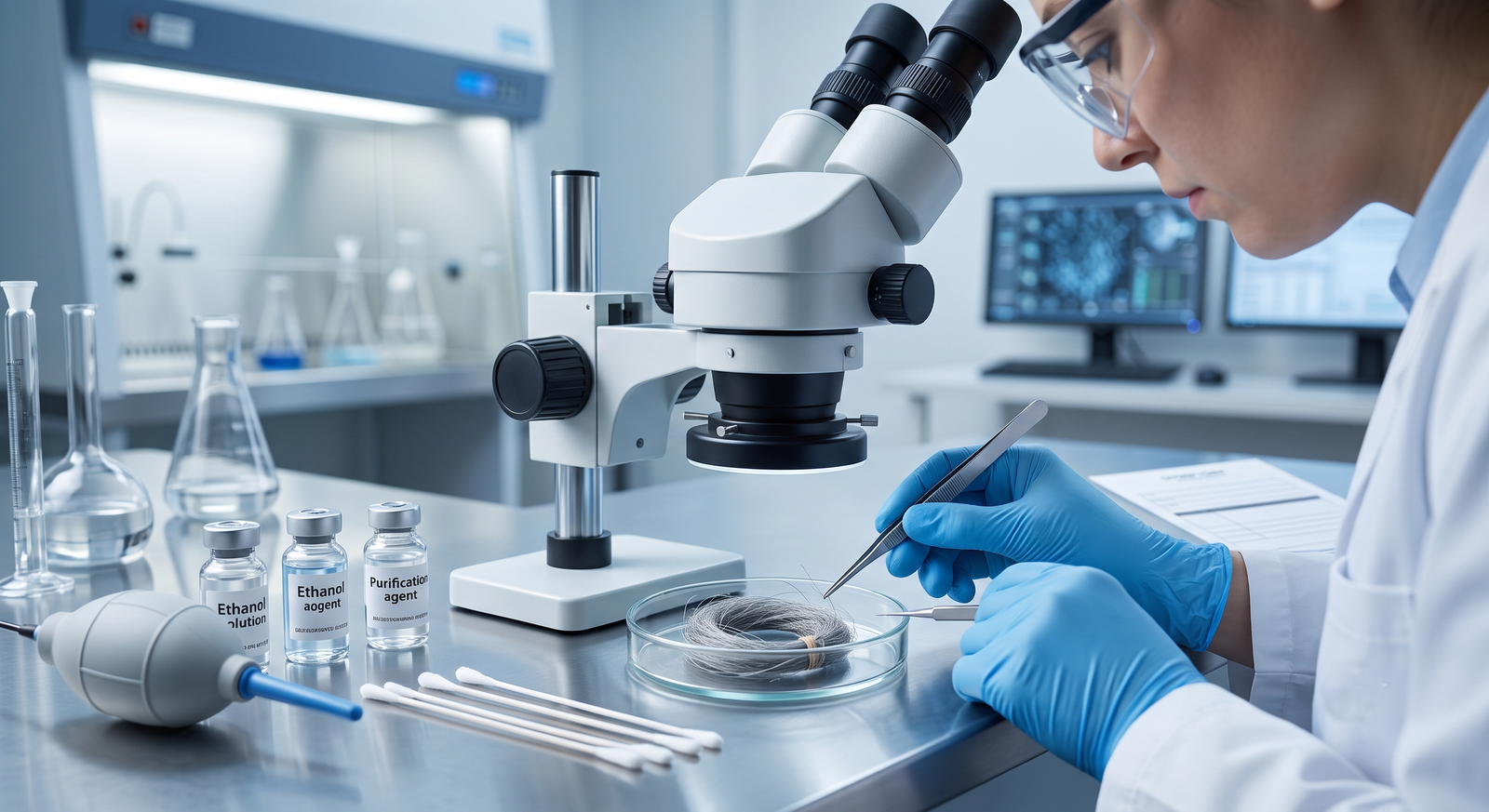 Laboratory technician cleaning a small hair sample in a glass dish before carbon extraction
