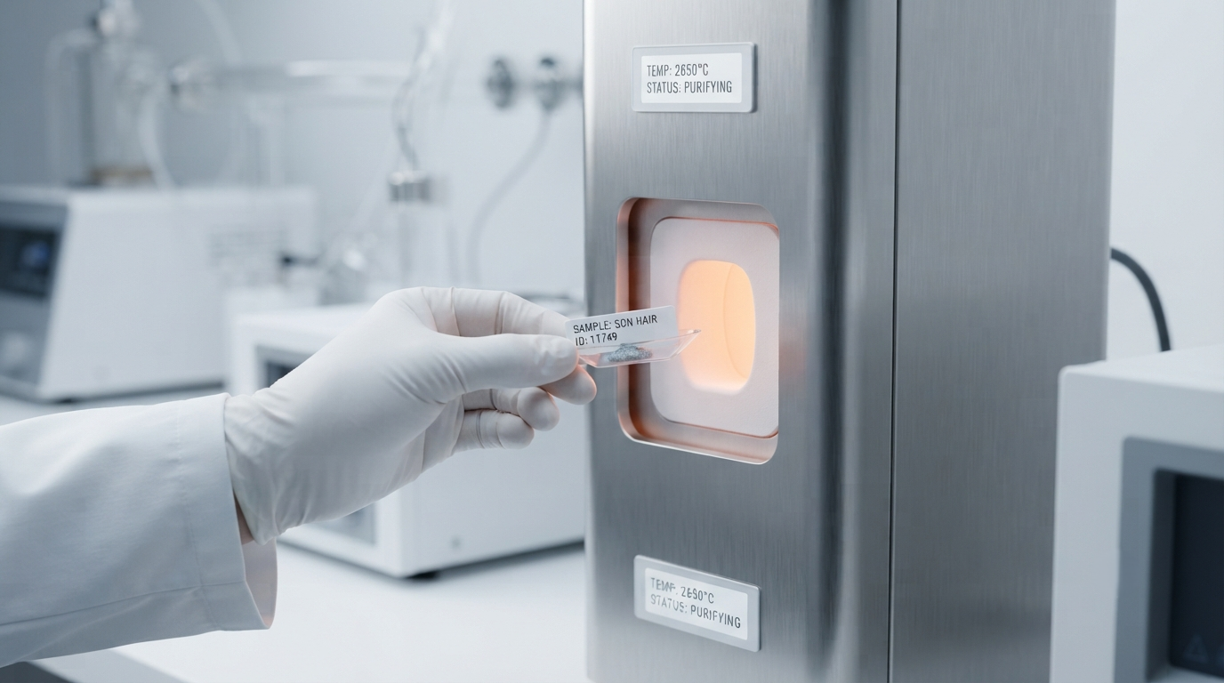A labeled sample being loaded into a high-temperature purification furnace in a diamond laboratory