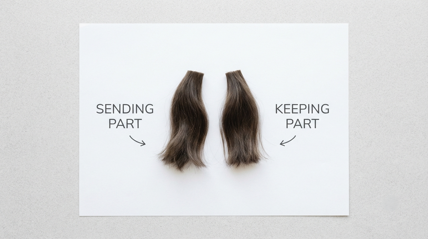 One lock of hair divided into two portions on a sheet of paper, illustrating sending part and keeping part