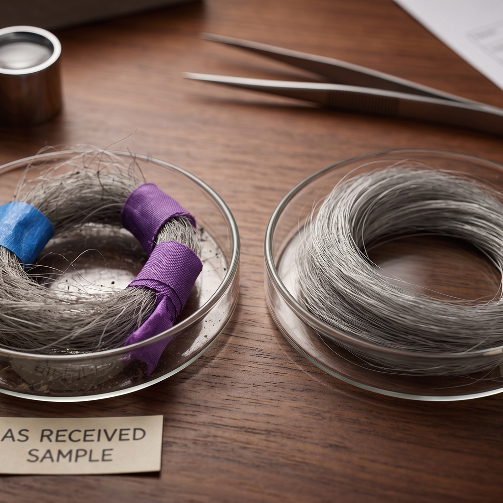 Two small glass dishes of hair side by side, one as received with tape and ribbon, one cleaned and loose, showing the weight the process actually uses