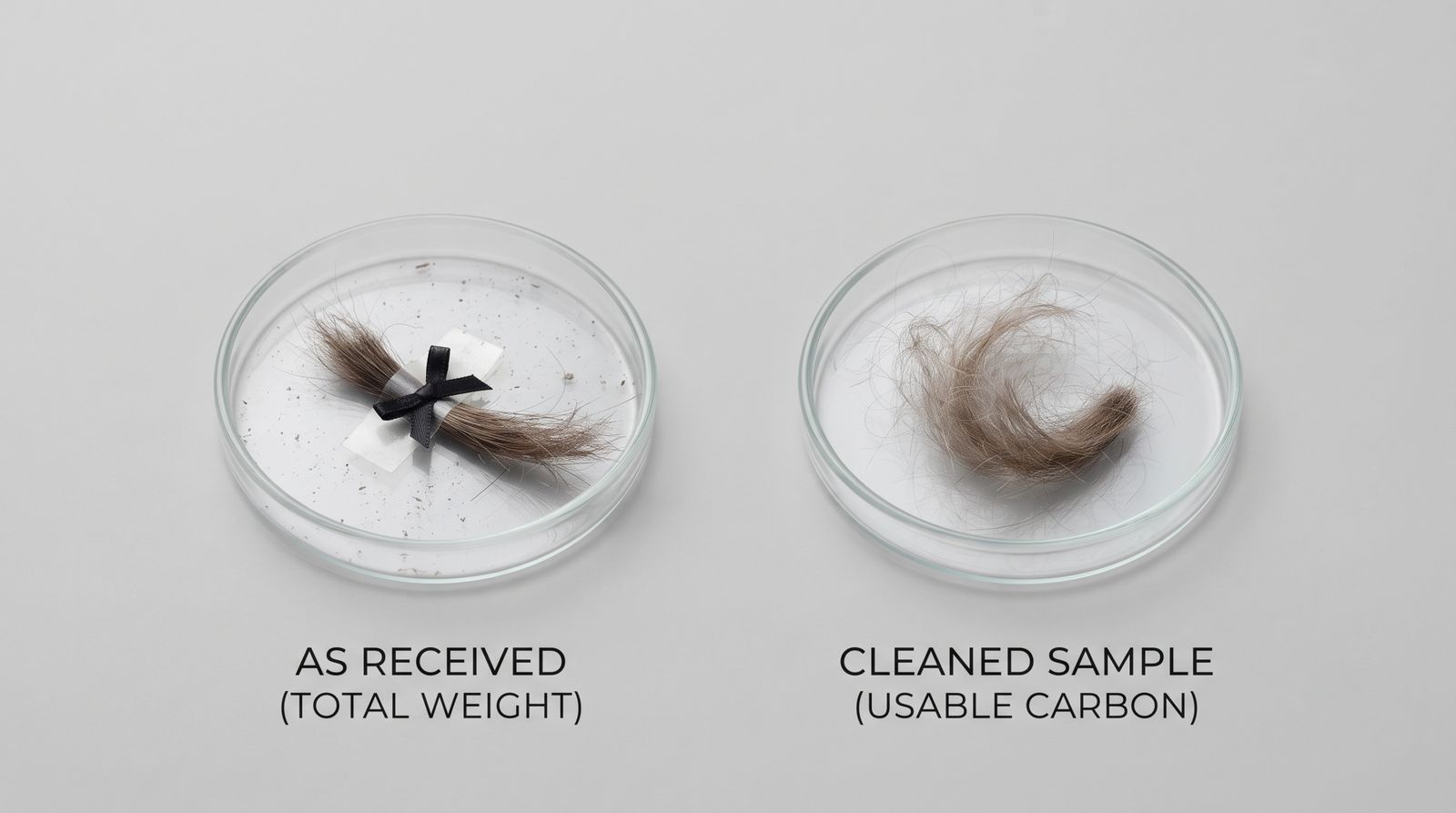 Two small glass dishes of hair side by side, one as received with tape and ribbon, one cleaned and loose, showing the weight the process actually uses