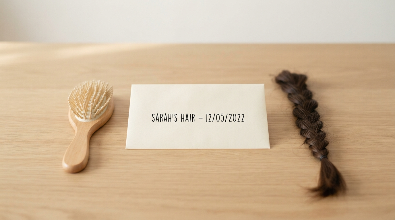 A hairbrush, a labeled paper envelope, and a saved braid laid side by side on a table