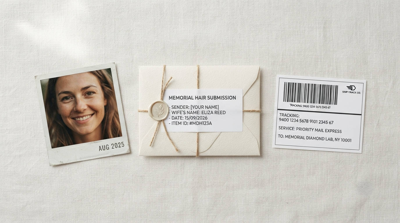 A labeled paper envelope tied with thread beside a dated photograph and a tracked shipping label