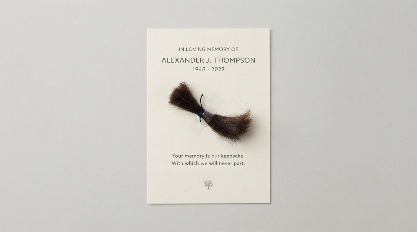 A lock of hair taped to a keepsake memorial card, the kind of mounting that has to be removed before processing
