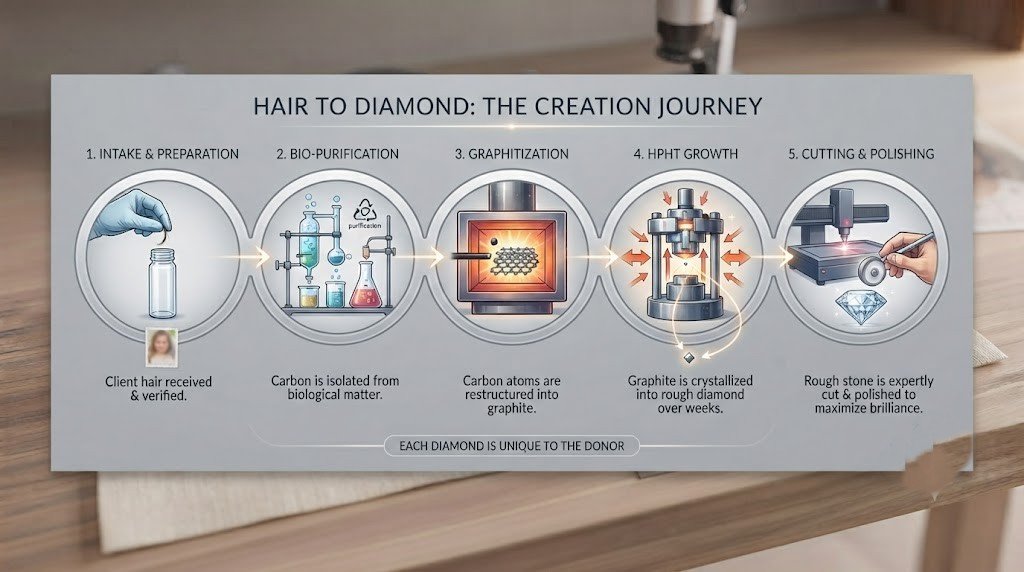 A five-stage chart from hair intake through purification, graphitization, growth and cutting | **Flag for custom illustration** — an original process graphic is a real differentiator