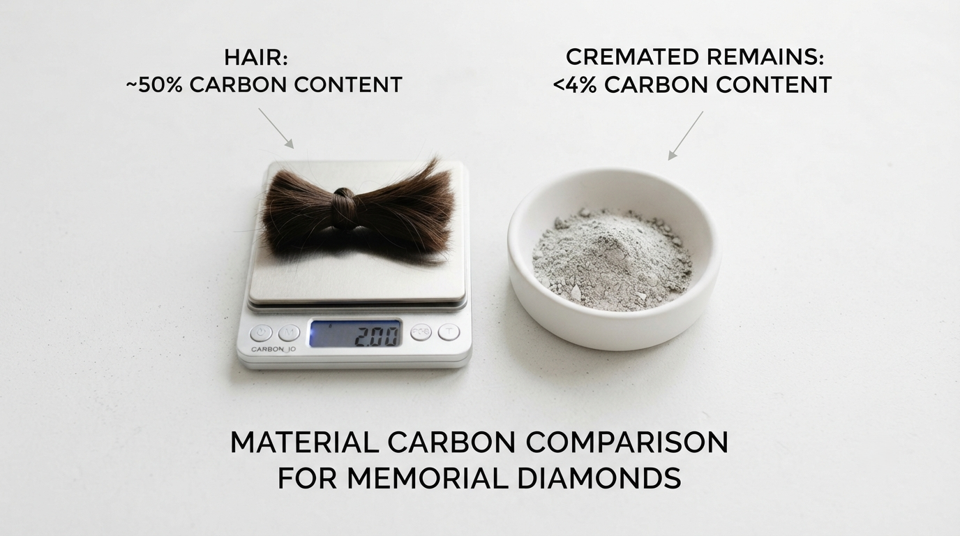 A small bundle of hair on a gram scale beside a dish of cremated remains, showing the difference in carbon content between the two materials