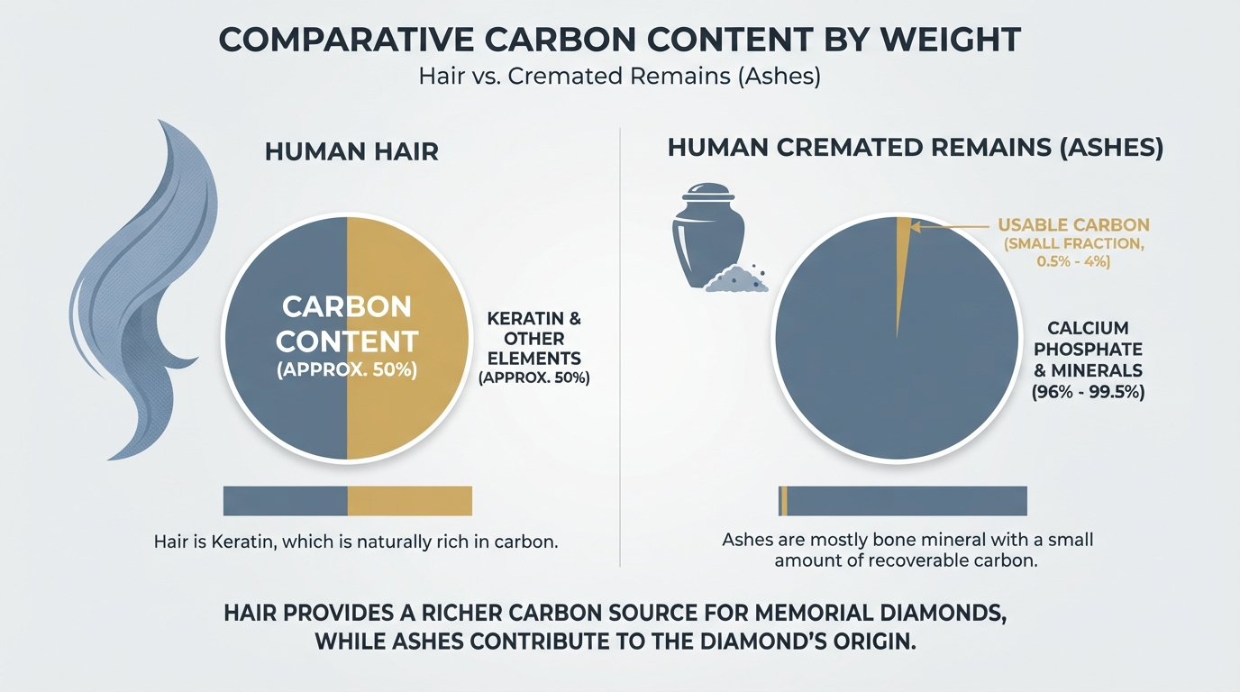 Simple diagram comparing carbon content by weight: hair at roughly half, cremated remains at a small fraction