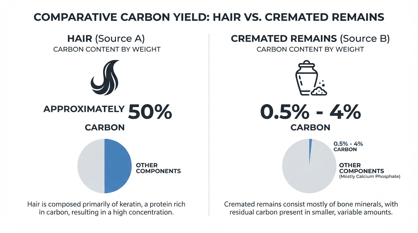Comparison graphic showing roughly 50 percent carbon by weight in hair against 0.5 to 4 percent in cremated remains