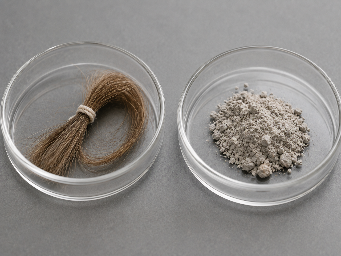 A small lock of hair and a sample of cremated remains shown side by side as diamond carbon sources