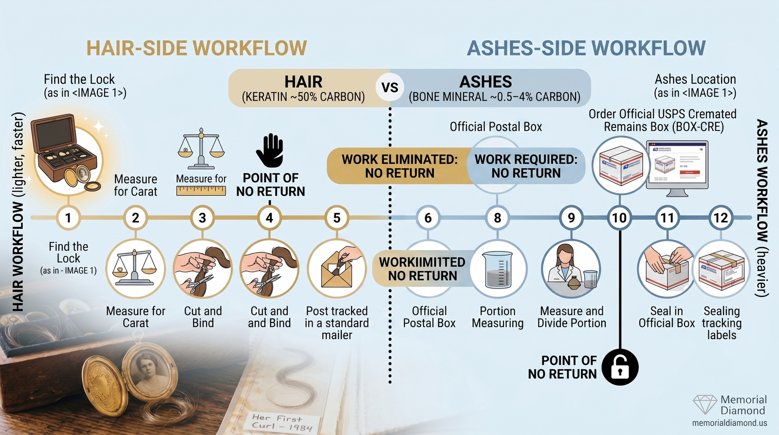 Side-by-side comparison of the hair and ashes family-side workflows, marking the postal box and portion-measuring work hair does not have and the point of no return in each