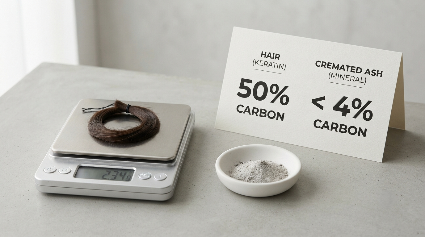 A few grams of hair on a scale beside a small dish of cremated ash, with a card noting 50% and under 4% carbon