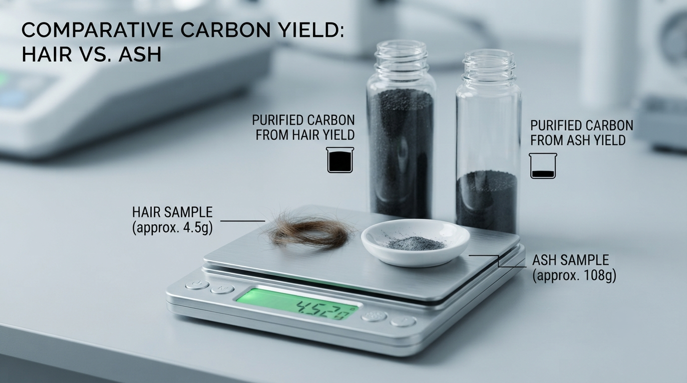 A few grams of hair and a small dish of ash on a scale, with two labeled vials showing very different amounts of purified carbon