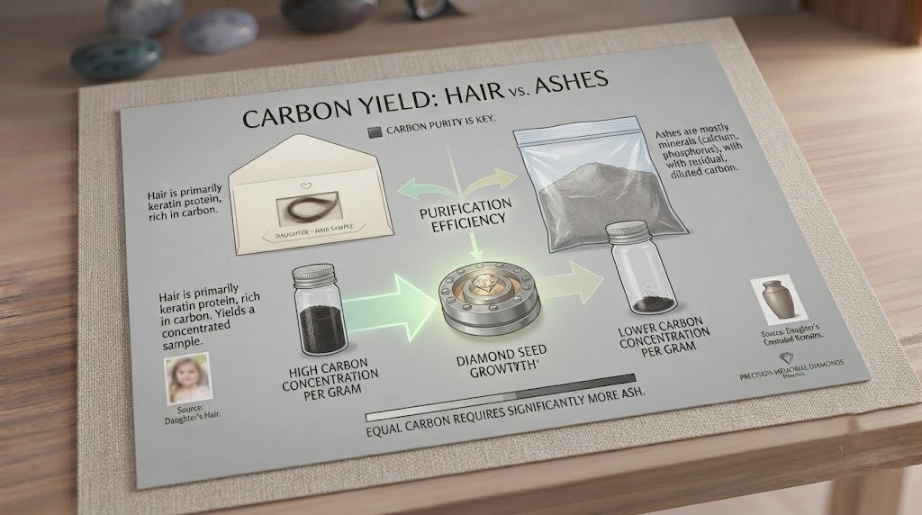 ide-by-side illustration comparing a small hair sample with a larger portion of cremated remains and their carbon content
