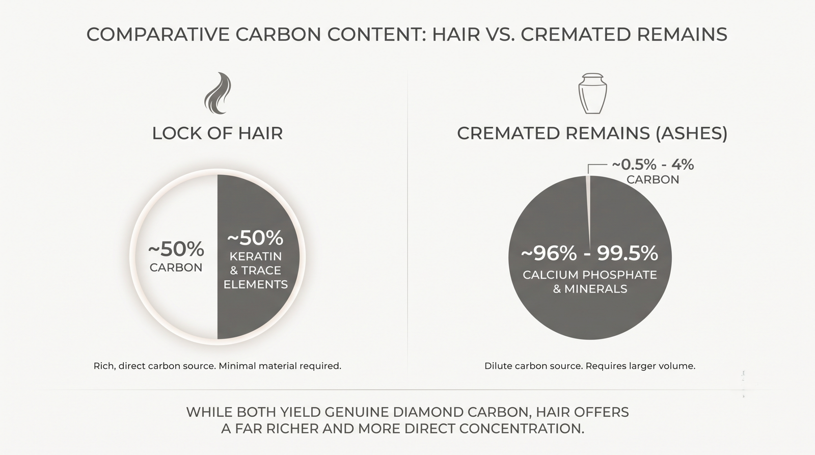 A simple side-by-side graphic comparing carbon content in hair and in cremated remains