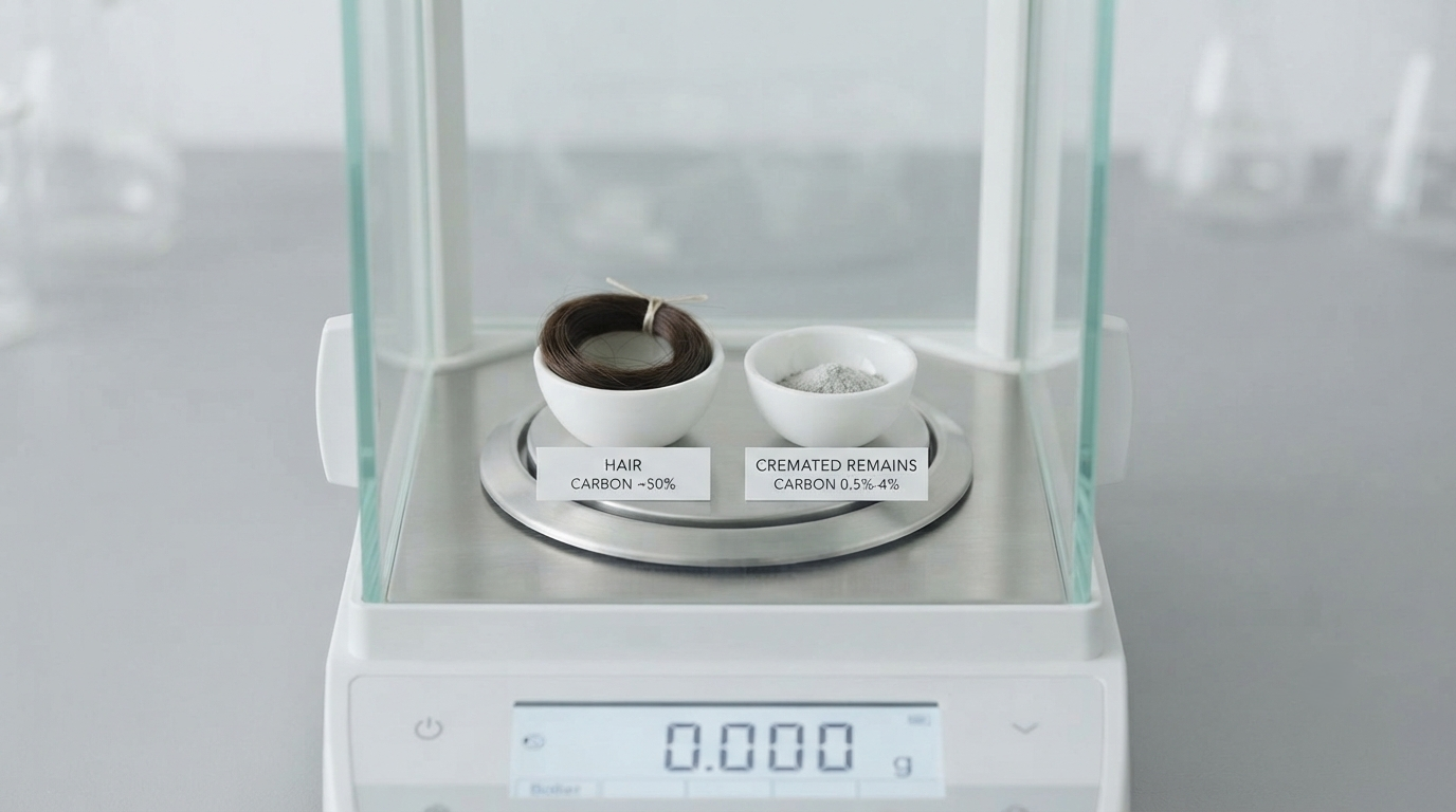 A lock of hair and a small dish of cremated remains side by side on a laboratory scale, each labeled with its carbon percentage