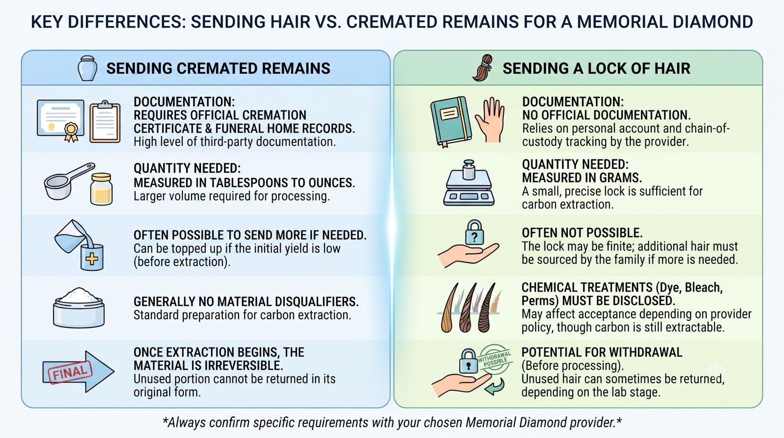 Two-column comparison graphic of what differs between sending hair and sending cremated remains
