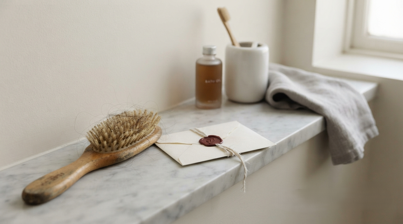 A hairbrush and a sealed keepsake envelope on a bathroom shelf, the two places a lock is most often found