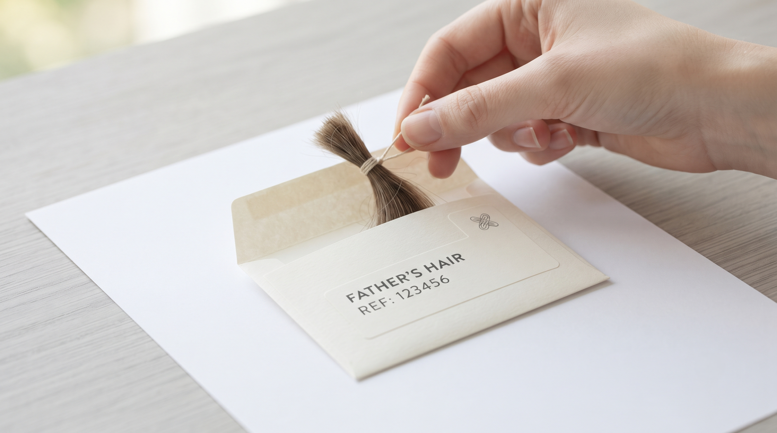 Tied lock of hair being placed into a labelled paper inner envelope over a sheet of white paper