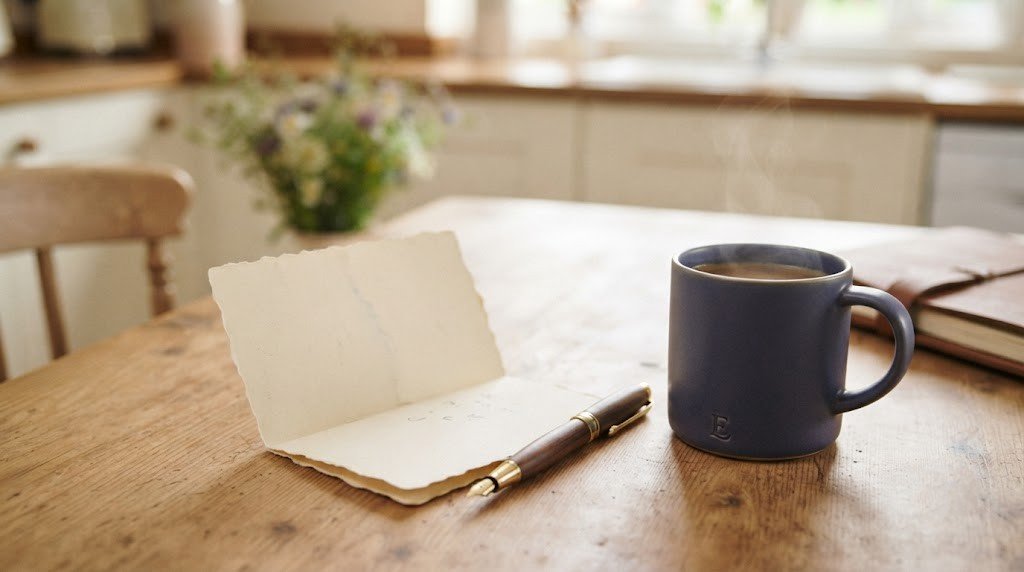 A short handwritten note and a pen resting on a table beside a cup of coffee