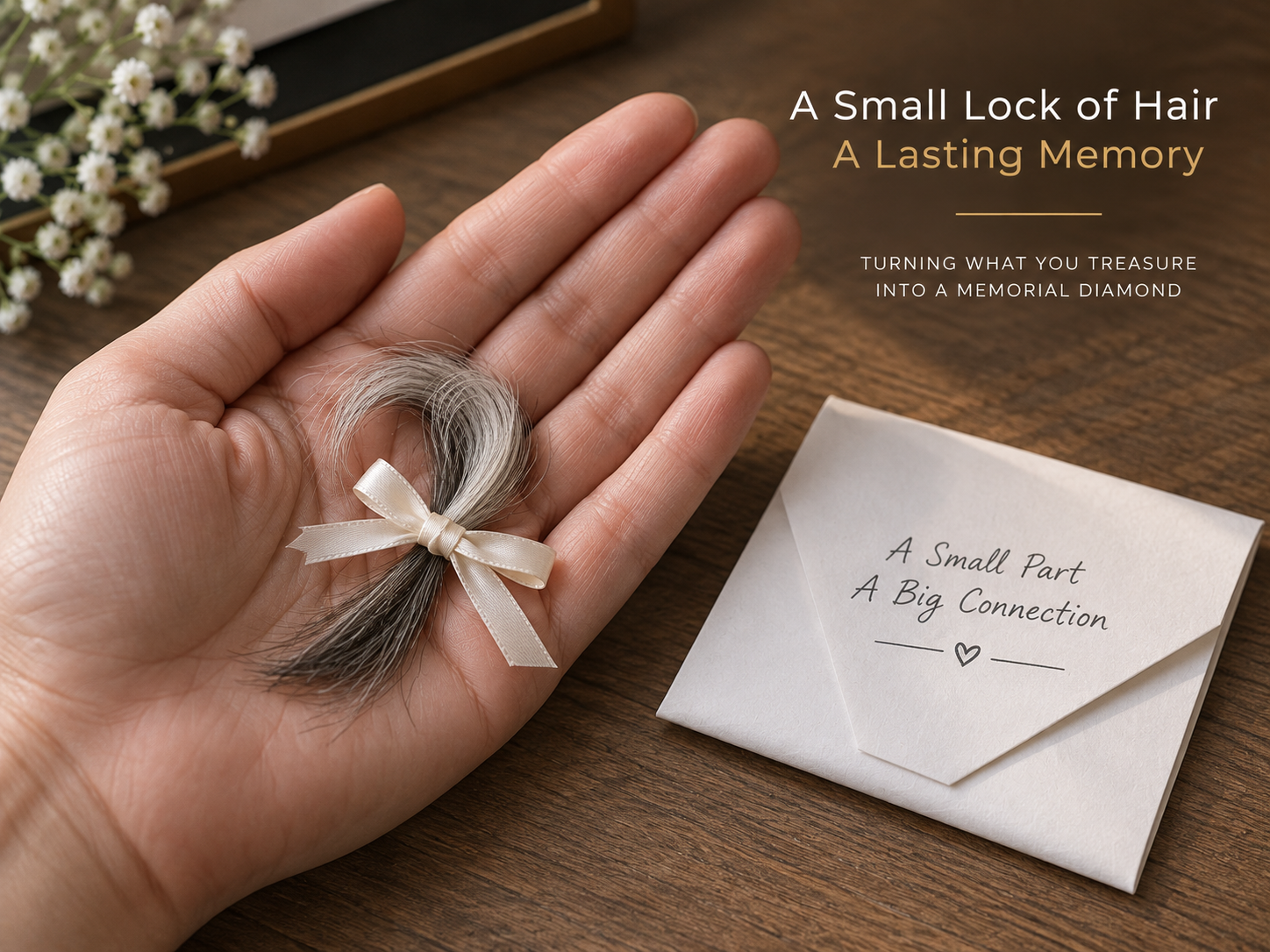 Small lock of grey hair tied with a ribbon resting in an open palm beside a folded paper envelope