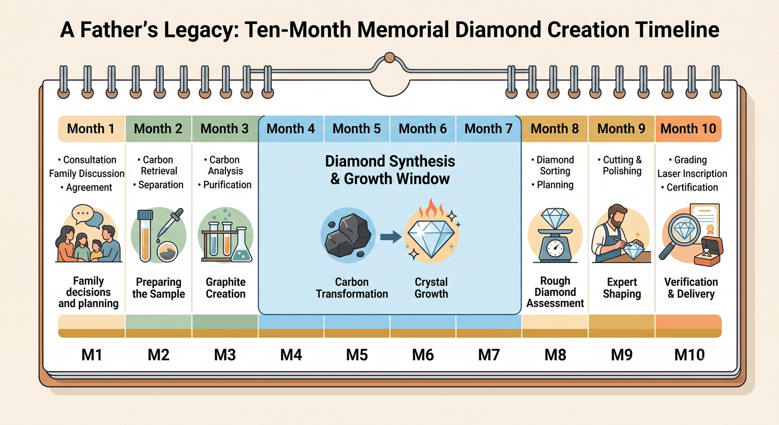 How long it takes to make father memorial diamonds: a ten-month wall calendar with the growth window marked in the middle and family decisions marked either side
