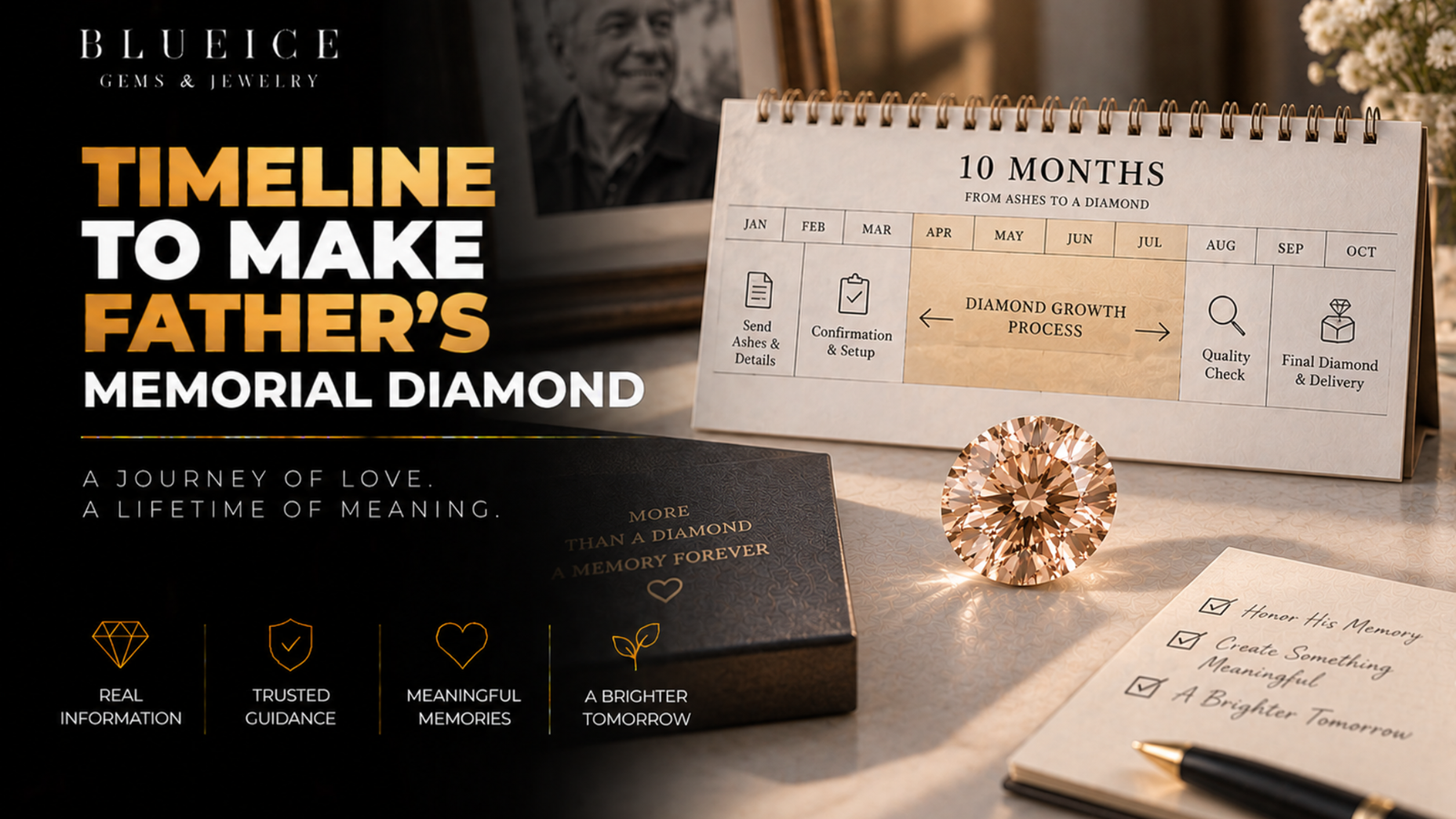How long it takes to make father memorial diamonds: a ten-month wall calendar with the growth window marked in the middle and family decisions marked either side