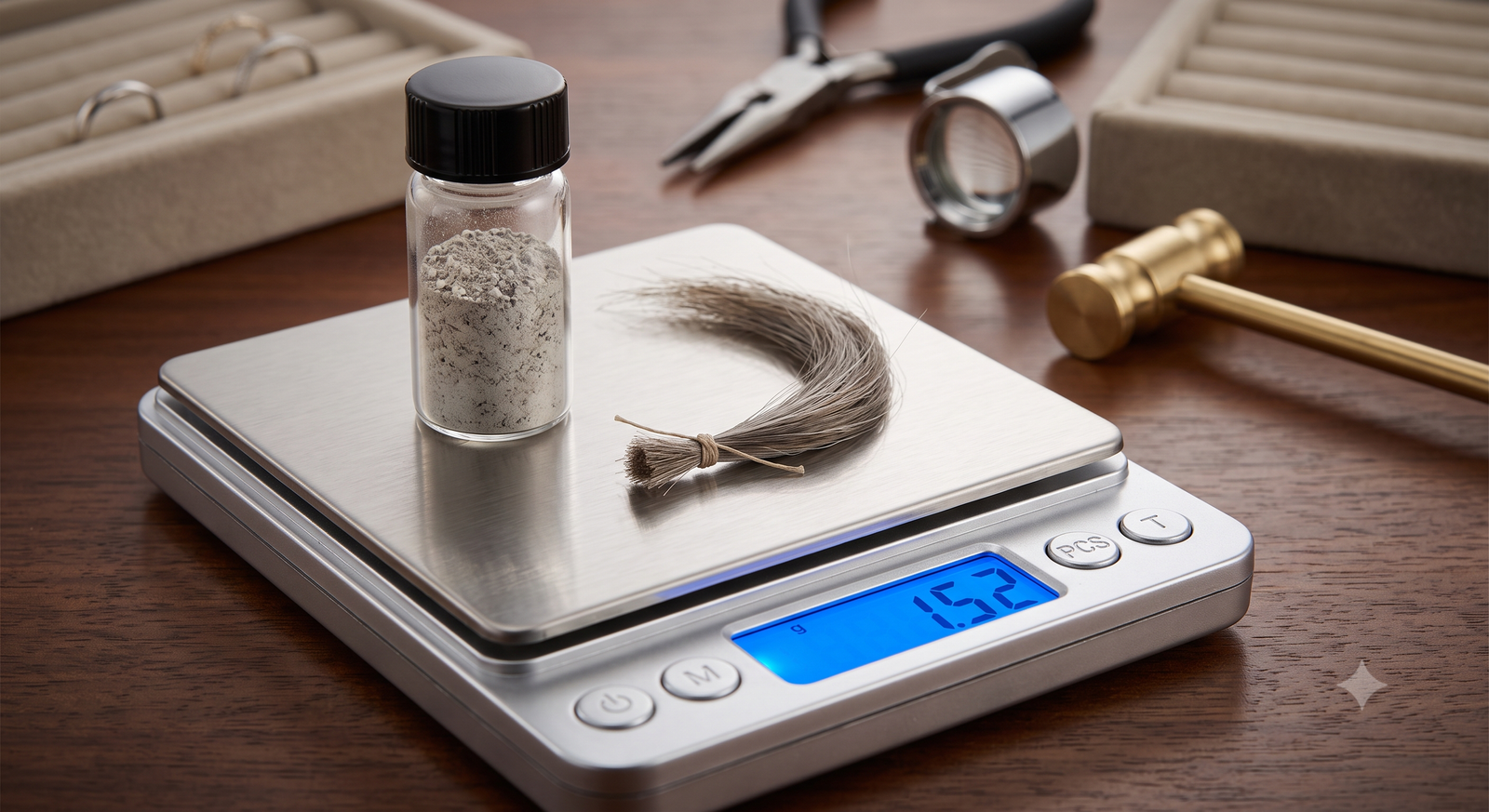 How much ash and hair a father memorial diamond needs: a small vial of cremated remains beside a tied lock of hair on a jeweler's scale
