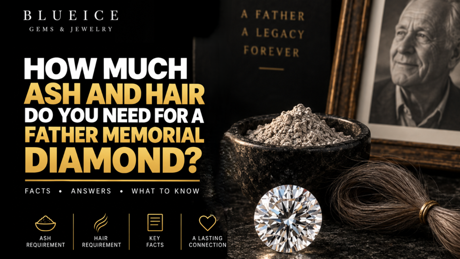 How much ash and hair a father memorial diamond needs, showing cremated ashes, a lock of hair, and a memorial diamond