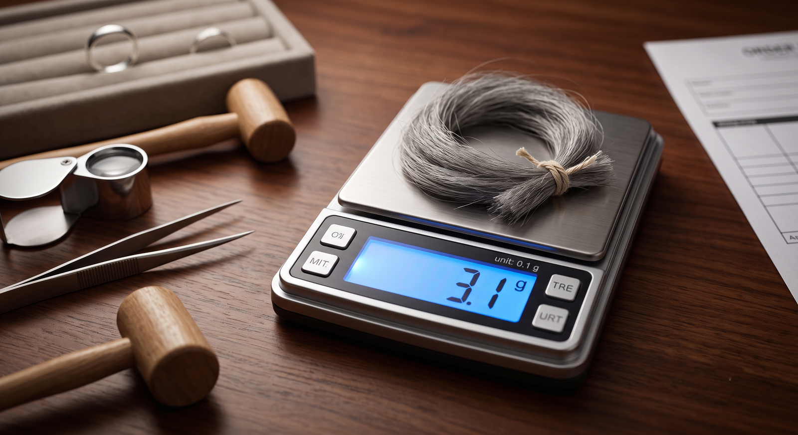 How much hair a father memorial diamond needs: a small tied lock of gray hair on a 0.1 g jeweler's scale reading a few gram