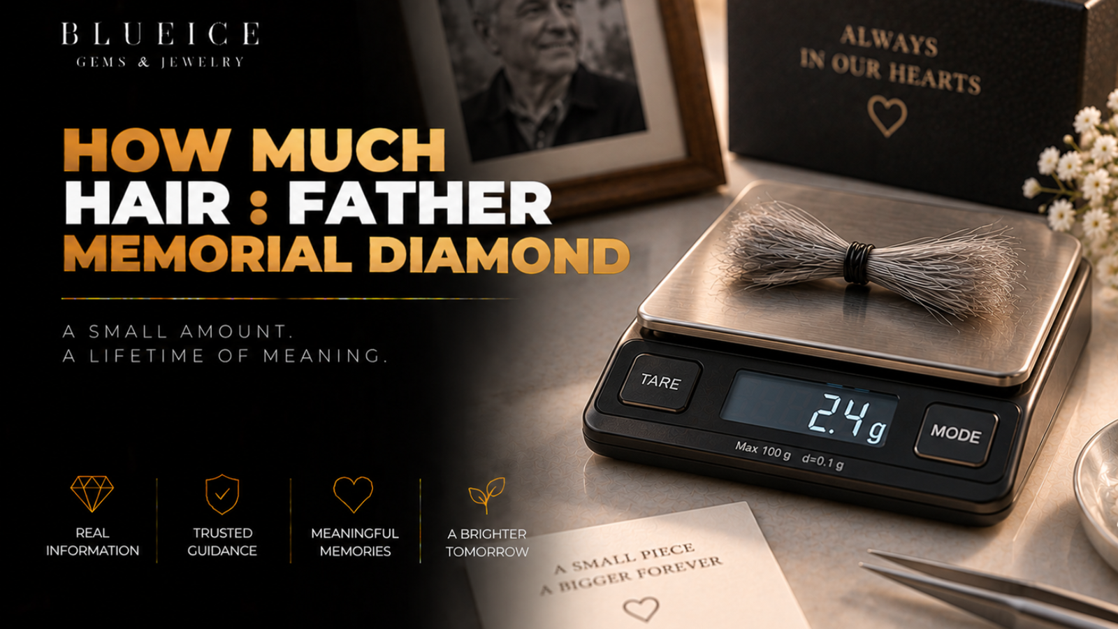 How much hair a father memorial diamond needs: a small tied lock of gray hair on a 0.1 g jeweler's scale reading a few grams