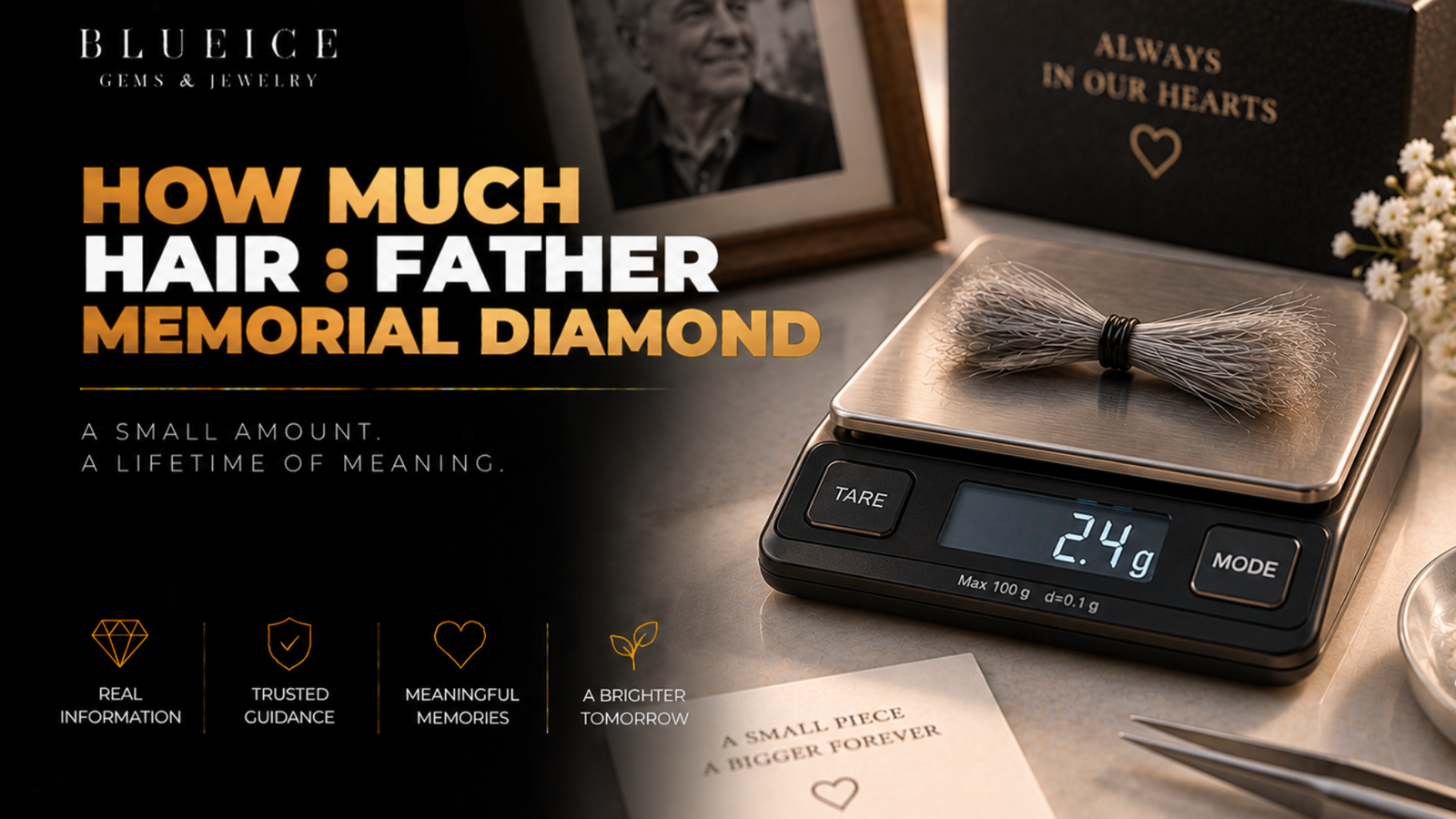 How much hair a father memorial diamond needs: a small tied lock of gray hair on a 0.1 g jeweler's scale reading a few grams