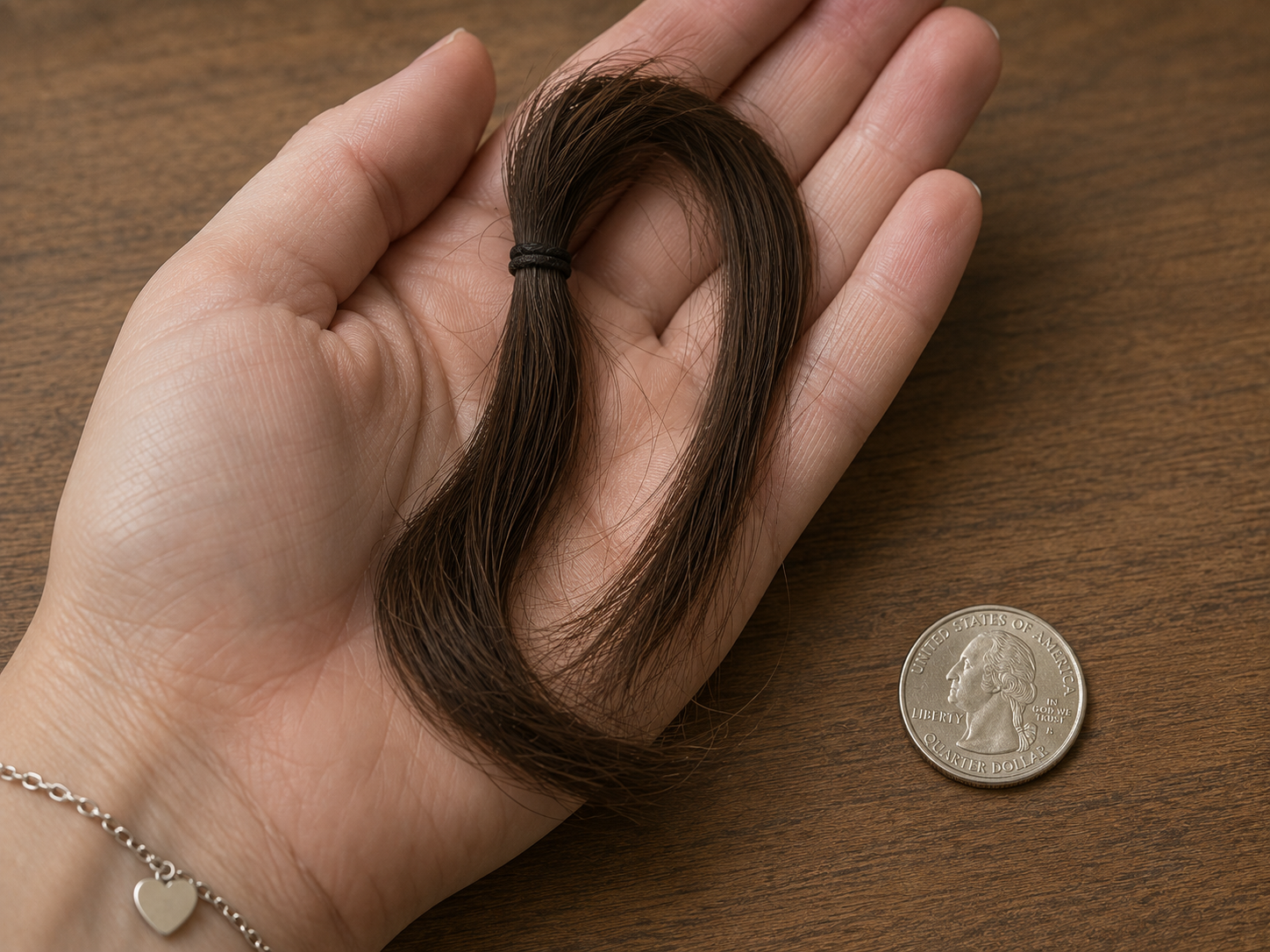 Palm-sized lock of hair held in an open hand beside a coin for scale