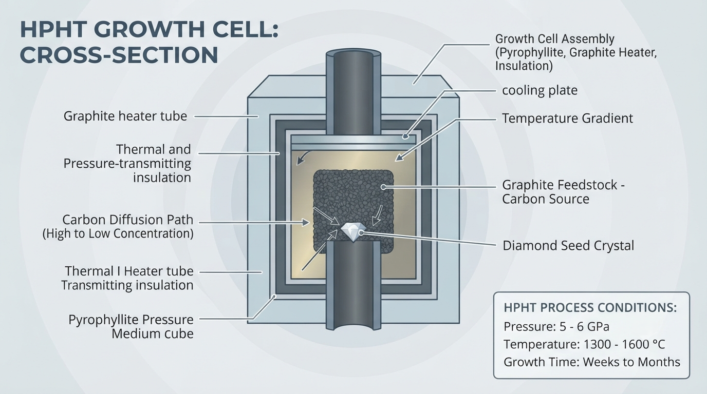 Cutaway view of an HPHT growth cell showing graphite feedstock packed around a diamond seed