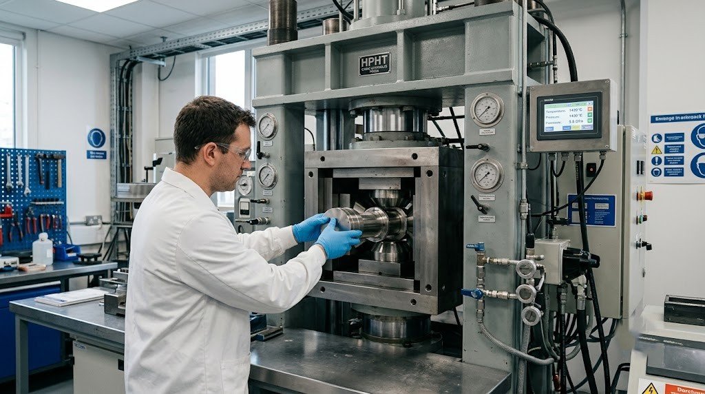  A high-pressure high-temperature growth press with a sealed cell being loaded by a technician 