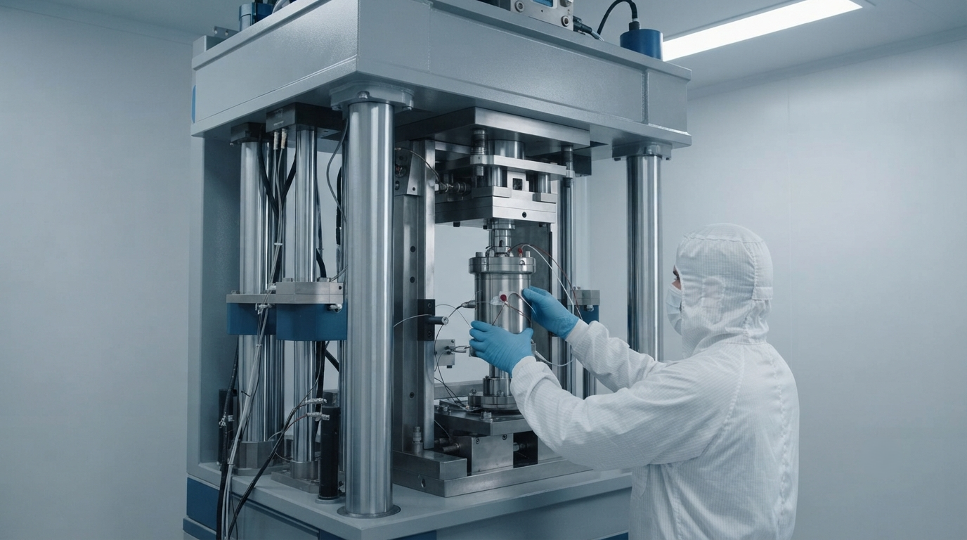 An HPHT diamond growth press with a sealed growth cell being loaded by a technician