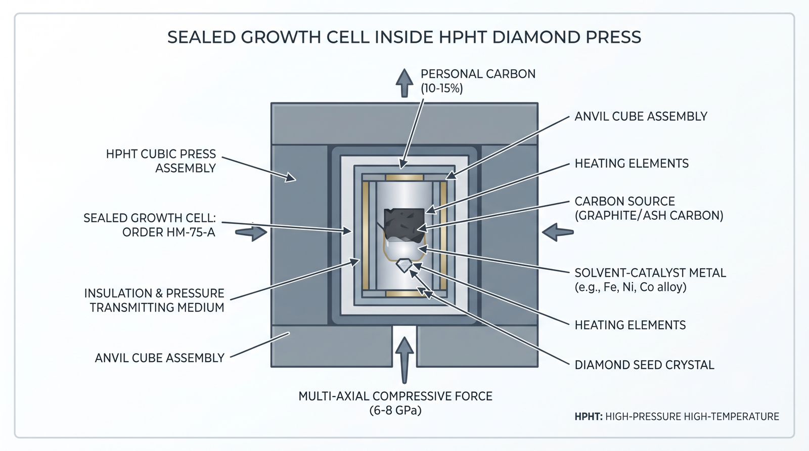 A sealed growth cell inside an HPHT diamond press