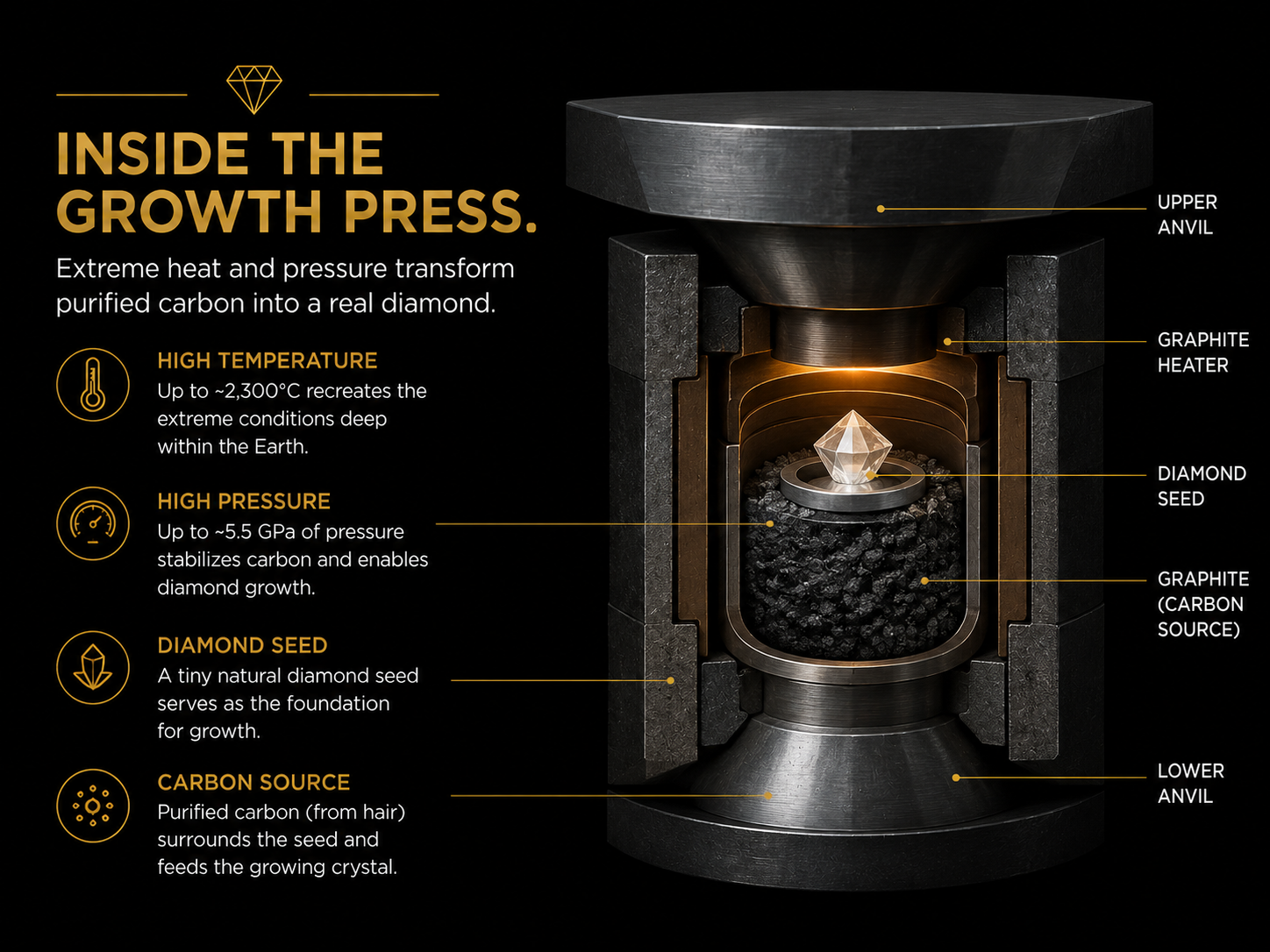 Cutaway of an HPHT growth cell showing a diamond seed surrounded by graphite feedstock