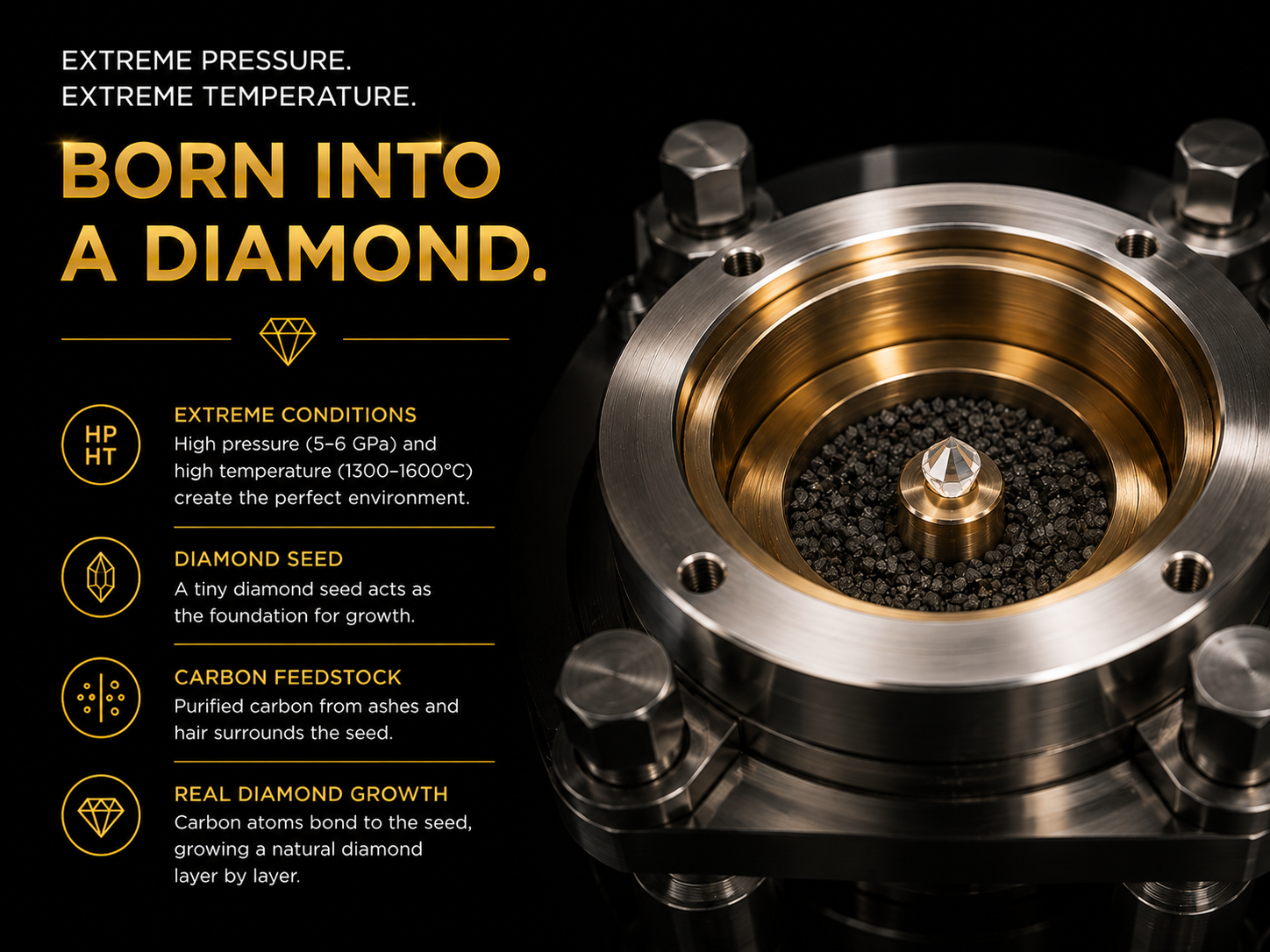  HPHT growth cell holding a diamond seed crystal surrounded by graphite feedstock | Stock acceptable |