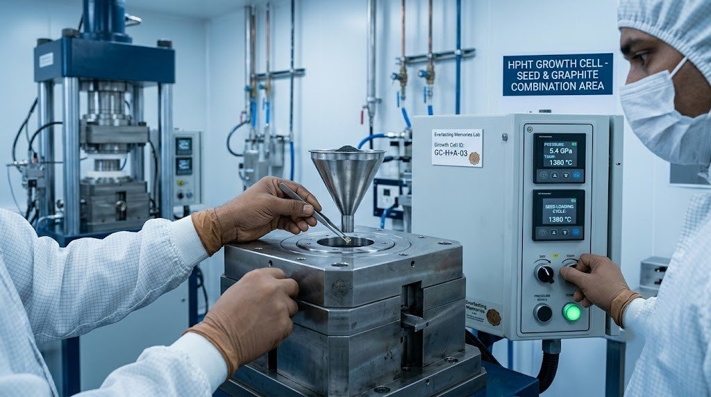 | Technician loading a diamond seed and graphite charge into an HPHT growth cel
